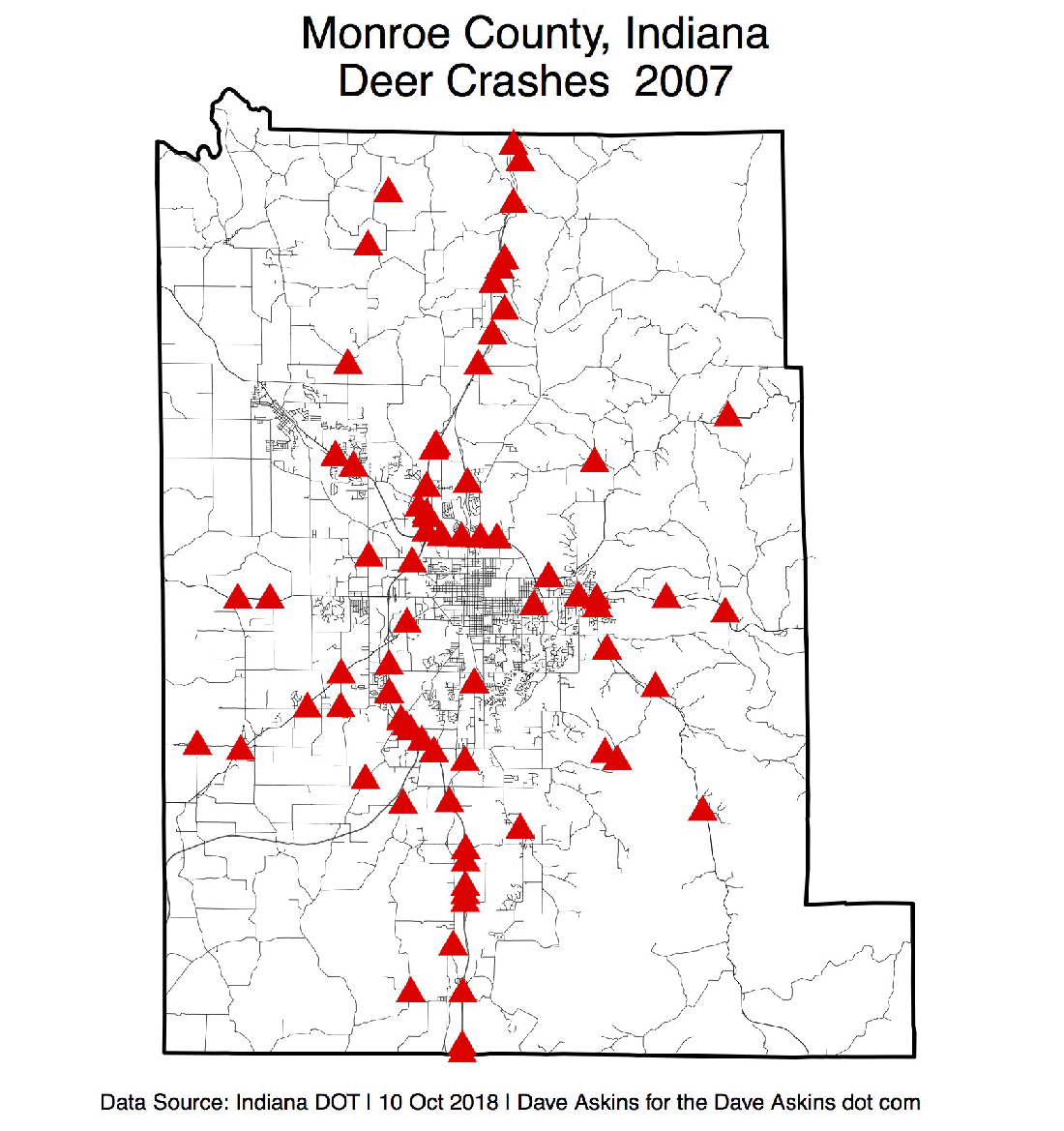This animation cycles through 11 years data displayed on a map of Monroe County in the state of Indiana. Small red triangles mark locations of crashes where at least one deer was struck by a vehicle. Each frame in the animation corresponds to one year, from 2007 to 2017.